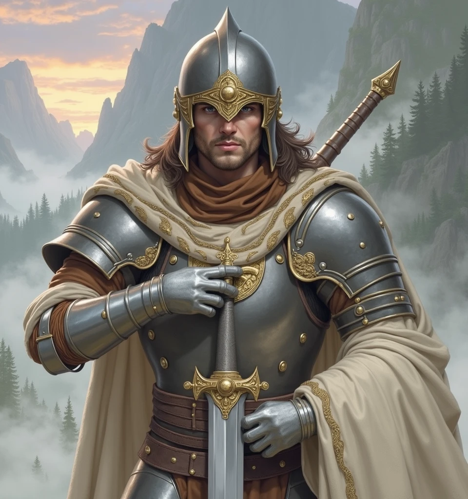 A white man in his 30s, wearing RPG game warrior-style clothing and a helmet that covers his entire face. The helmet is silver, The helmet is circular in shape and has a thick cross-shaped band on the front of the face centered around the eyes. Only the eyes have eye-shaped holes so they can see. The brown collar is thick and high around the neck. Silver armor covers the chest area, but the abdominal muscles are exposed. The shoulders are also armor-style with bare skin exposed, and the shoulders are without any protective gear, showing large muscles. There are silver round buttons on both sides of the shoulder bones, and they are fastened to these buttons, so that the cloak is connected behind the shoulders. There is a large, subtle gold decoration in the center of the chest armor. It is a simple and heavy decoration in the medieval style. On his hands, he wears very large, sturdy-looking armored armor. A solemn pose with a sword on his shoulder,