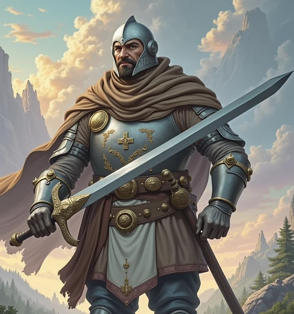 A white man in his 30s, wearing RPG game warrior-style clothing and a helmet that covers his entire face. The helmet is silver, The helmet is circular in shape and has a thick cross-shaped band on the front of the face centered around the eyes. Only the eyes have eye-shaped holes so they can see. The brown collar is thick and high around the neck. Silver armor covers the chest area, but the abdominal muscles are exposed. The shoulders are also armor-style with bare skin exposed, and the shoulders are without any protective gear, showing large muscles. There are silver round buttons on both sides of the shoulder bones, and they are fastened to these buttons, so that the cloak is connected behind the shoulders. There is a large, subtle gold decoration in the center of the chest armor. It is a simple and heavy decoration in the medieval style. On his hands, he wears very large, sturdy-looking armored armor. A solemn pose with a sword on his shoulder,