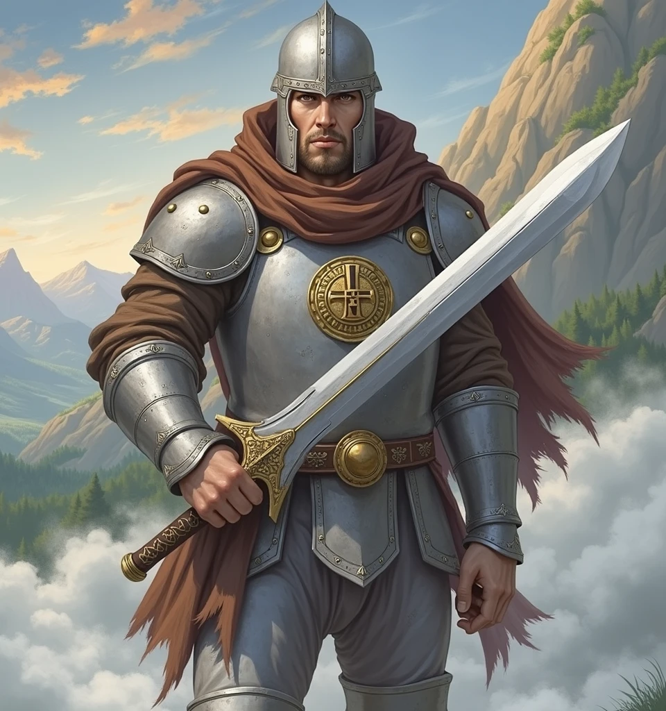 A white man in his 30s, wearing RPG game warrior-style clothing and a helmet that covers his entire face. The helmet is silver, The helmet is circular in shape and has a thick cross-shaped band on the front of the face centered around the eyes. Only the eyes have eye-shaped holes so they can see. The brown collar is thick and high around the neck. Silver armor covers the chest area, but the abdominal muscles are exposed. The shoulders are also armor-style with bare skin exposed, and the shoulders are without any protective gear, showing large muscles. There are silver round buttons on both sides of the shoulder bones, and they are fastened to these buttons, so that the cloak is connected behind the shoulders. There is a large, subtle gold decoration in the center of the chest armor. It is a simple and heavy decoration in the medieval style. On his hands, he wears very large, sturdy-looking armored armor. A solemn pose with a sword on his shoulder,