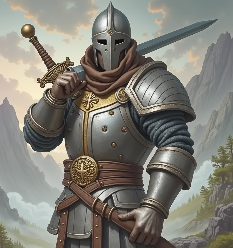 A white man in his 30s, wearing RPG game warrior-style clothing and a helmet that covers his entire face. The helmet is silver, The helmet is circular in shape and has a thick cross-shaped band on the front of the face centered around the eyes. Only the eyes have eye-shaped holes so they can see. The brown collar is thick and high around the neck. Silver armor covers the chest area, but the abdominal muscles are exposed. The shoulders are also armor-style with bare skin exposed, and the shoulders are without any protective gear, showing large muscles. There are silver round buttons on both sides of the shoulder bones, and they are fastened to these buttons, so that the cloak is connected behind the shoulders. There is a large, subtle gold decoration in the center of the chest armor. It is a simple and heavy decoration in the medieval style. On his hands, he wears very large, sturdy-looking armored armor. A solemn pose with a sword on his shoulder,