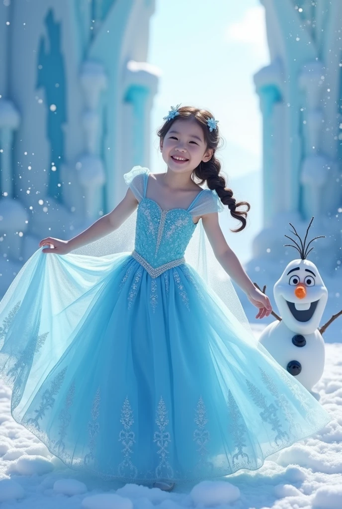 Beautiful and lovely -yeld Chse girl,Wearing Princess Elsa's dreamy light blue dress。The gems sparkled on her skirt,Girl happily playing with snowman。Background featuring Elsa's ice castle,Gradually transparent,Spectacular ice castle,Snowflakes flutter in the sky。《Frozen》Theme style character close-up HD photography