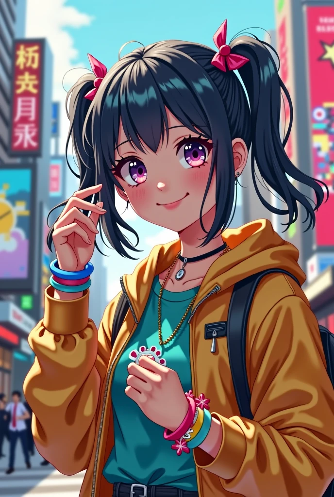 Black hair in twin tails, wears mass-produced clothes, likes streamers