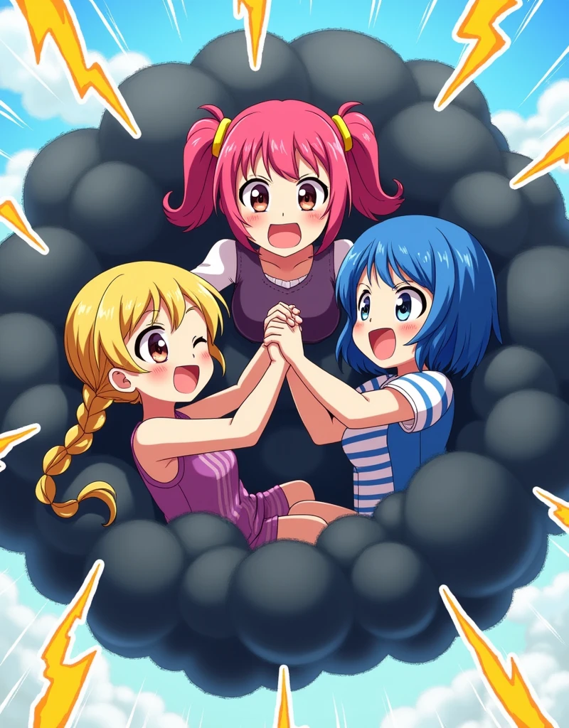 An anime-style illustration depicting three girls playfully wrestling with each other inside a black comical fight cloud (thunder cloud).
each girl has different  colored hair: one with blonde braided,another  with pink pony tailes,and one with blue bobcuts.
their faces,hands,and feet are visible emerging from the cloud as they tussle humorously,  with the rest of their bodies completely hidden inside the cloud.
the illustration emphasizes the humorous and energetic nature of their scuffle,with a fluffy  andexaggerated fight cloud.