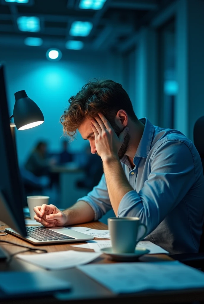 A 25 year old boy in a office. Hi is tired and frustrated