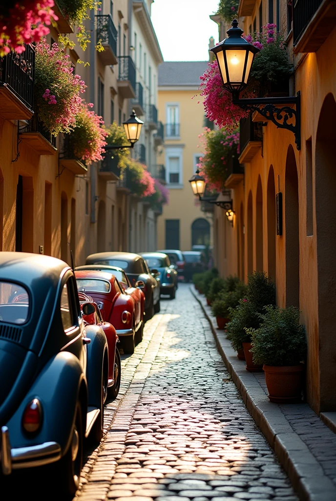 a narrow European-style street with a row of parked cars
