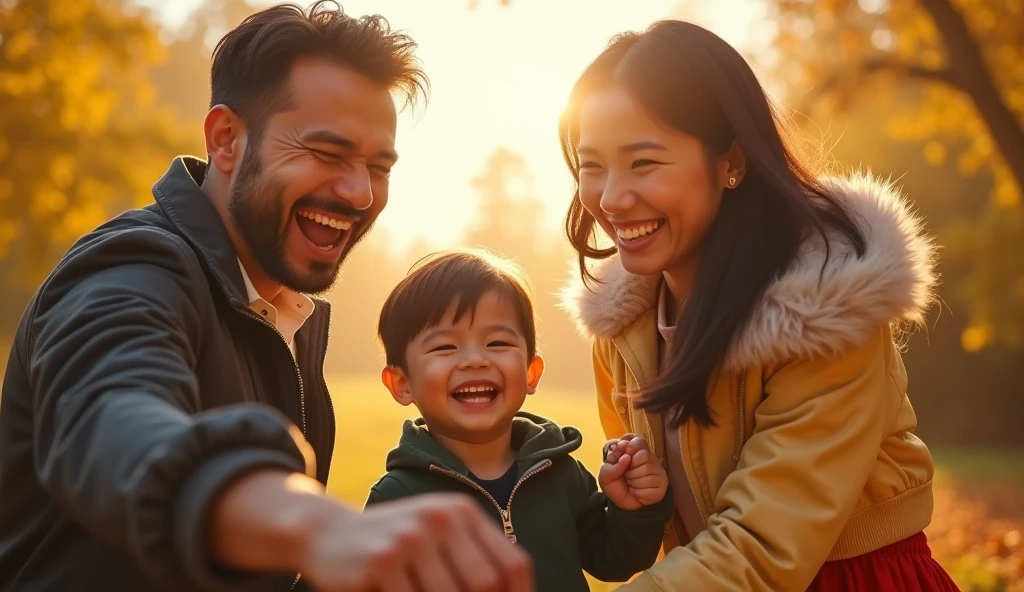First person view, cinematic, photo of A heartwarming scene featuring a joyful family of four bathed in soft, warm sunlight. The father, with short, slightly messy black hair and a light beard, wears a dark jacket over a white shirt. He is on the left side, laughing with his eyes closed, leaning towards his family. The mother, standing next to him, has long black hair flowing over her shoulder. She wears a light yellow jacket with a white fur collar over a red skirt. She is also laughing with her eyes closed, radiating happiness. In the center, a young boy with short black hair, wearing a dark green hoodie, smiles widely, holding hands with the person in the foreground. The person in the foreground, whose back is towards the viewer, is a three year old boy who has short black hair and is reaching out to his family in front of him. The warm, soft light from the sun casts a gentle glow over the entire scene, enhancing the feelings of love and togetherness shared by the family.