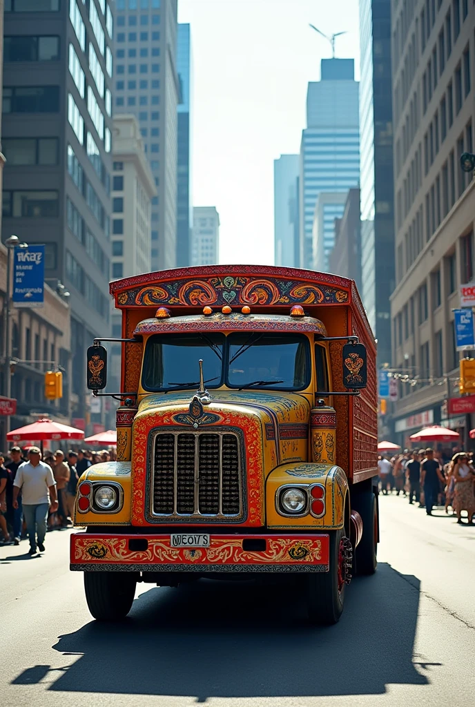 Pakistani truck on us roads near buildings