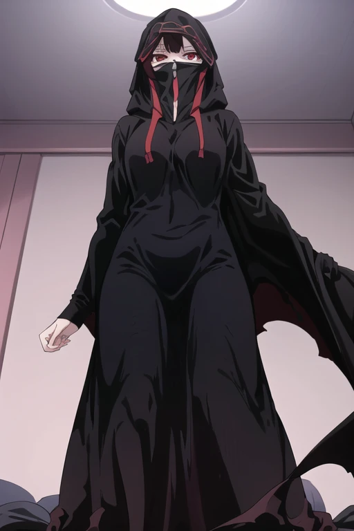 NNAssassinFSF, 1girl, solo, black hair, red eyes, long cape sleeves, sleeves covered hands, long skirt, no hands, dress, long cape, cape, black cloak, hood up, black robe, covered mouth, hooded cloak, ((masterpiece, best quality)) rooms, bedroom, from below
