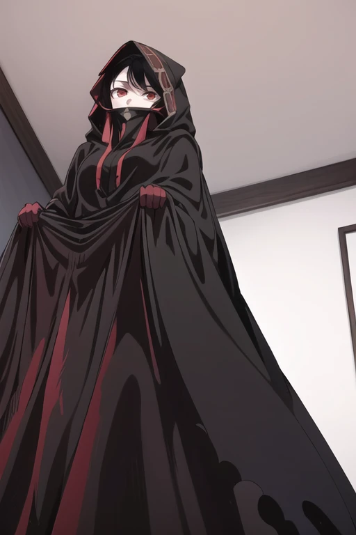 NNAssassinFSF, 1girl, solo, black hair, red eyes, long cape sleeves, sleeves covered hands, long skirt, no hands, dress, long cape, cape, black cloak, hood up, black robe, covered mouth, hooded cloak, ((masterpiece, best quality)) rooms, bedroom, from below