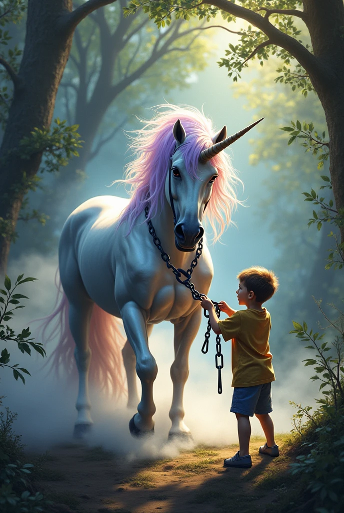 Imagine a bright and majestic unicorn, with a coat of iridescent colors, who is clearly agitated and struggling mightily. It is tied with a chain to the hand of a small child, which seems to be in a position of conflict with the creature. The unicorn has an expression of fury and despair, while the child, Although he seems scared, holds the chain with determination. The scene conveys a sense of tension and conflict between the innocence of the child and the powerful magical creature..