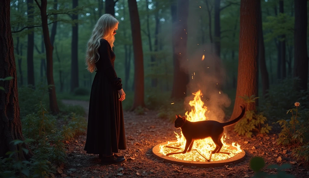 Spring in forest. Night. Beautifull blonde satanist girl standing in pentagram with black cat and making fire