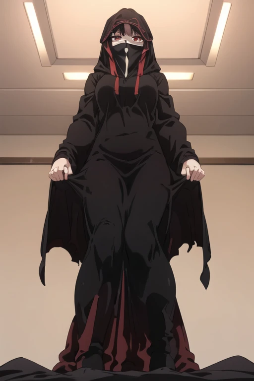 NNAssassinFSF, 1girl, solo, black hair, red eyes, long cape sleeves, sleeves covered hands, long skirt, no hands, dress, long cape, cape, black cloak, hood up, black robe, covered mouth, hooded cloak, ((masterpiece, best quality)) rooms, bedroom, from below 