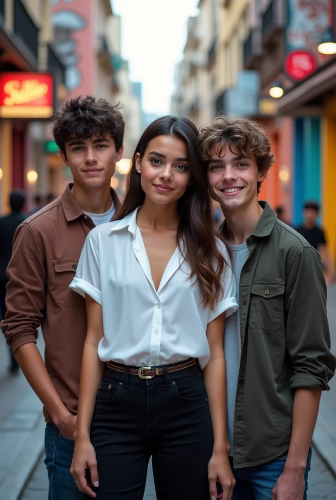 A girl with a white blouse and black pants and 2 handsome boys on her sides, looking at the viewer 