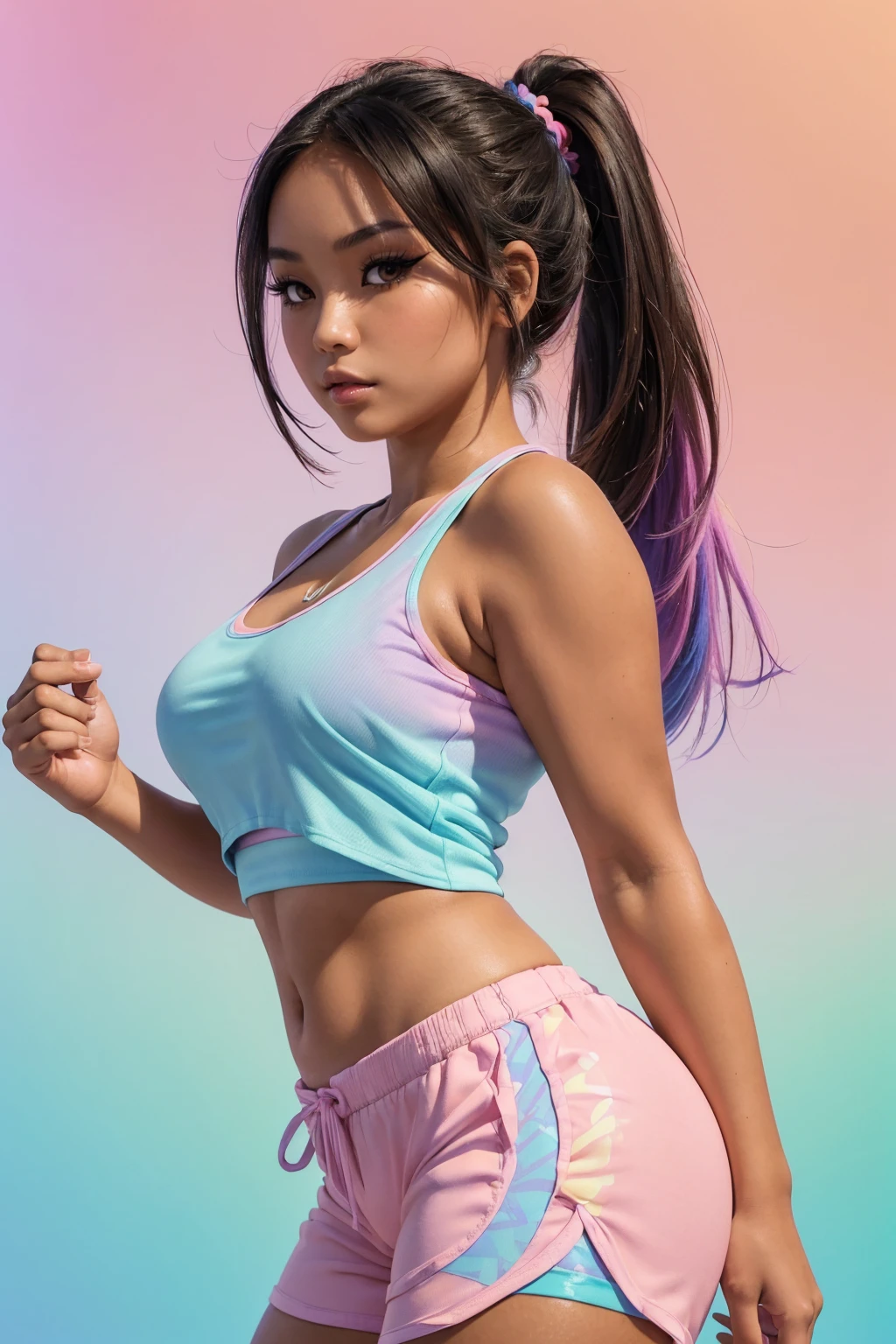 (Sexy tanned Polynesian|Asian woman, 1girl:1.2, thicc hourglass figure, perfect eyeliner:1.2), (masterpiece:1.4, best quality), medium breasts, unity 8k wallpaper, ultra detailed, (pastel background, wearing gym shorts and colorful tank top:1.3), alluring pose, upper body, ass, beautiful and aesthetic, detailed, solo