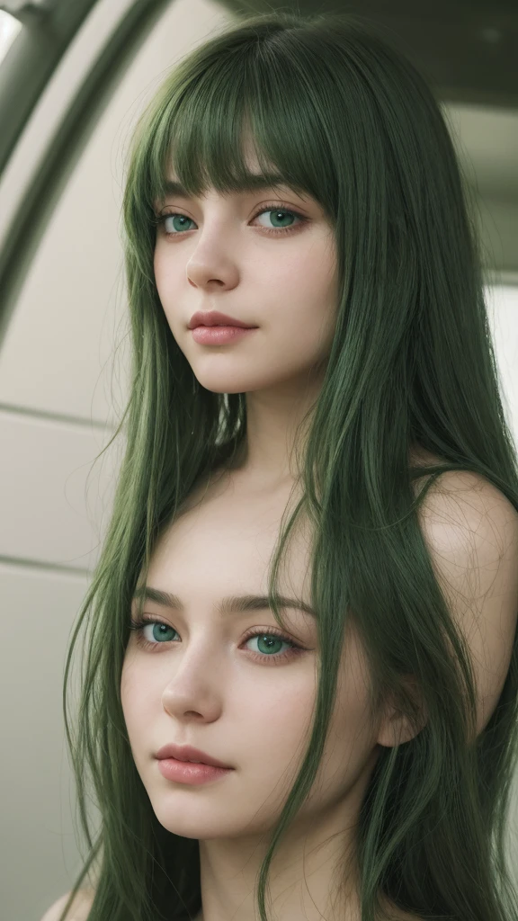 a girl. European. Extremely detailed face. Oval face. Delicate facial features. Half-closed eyes. Long straight hair. Messy hair. Bangs. Green hair. Green eyes. Lustful expression. sad mood. slight smile