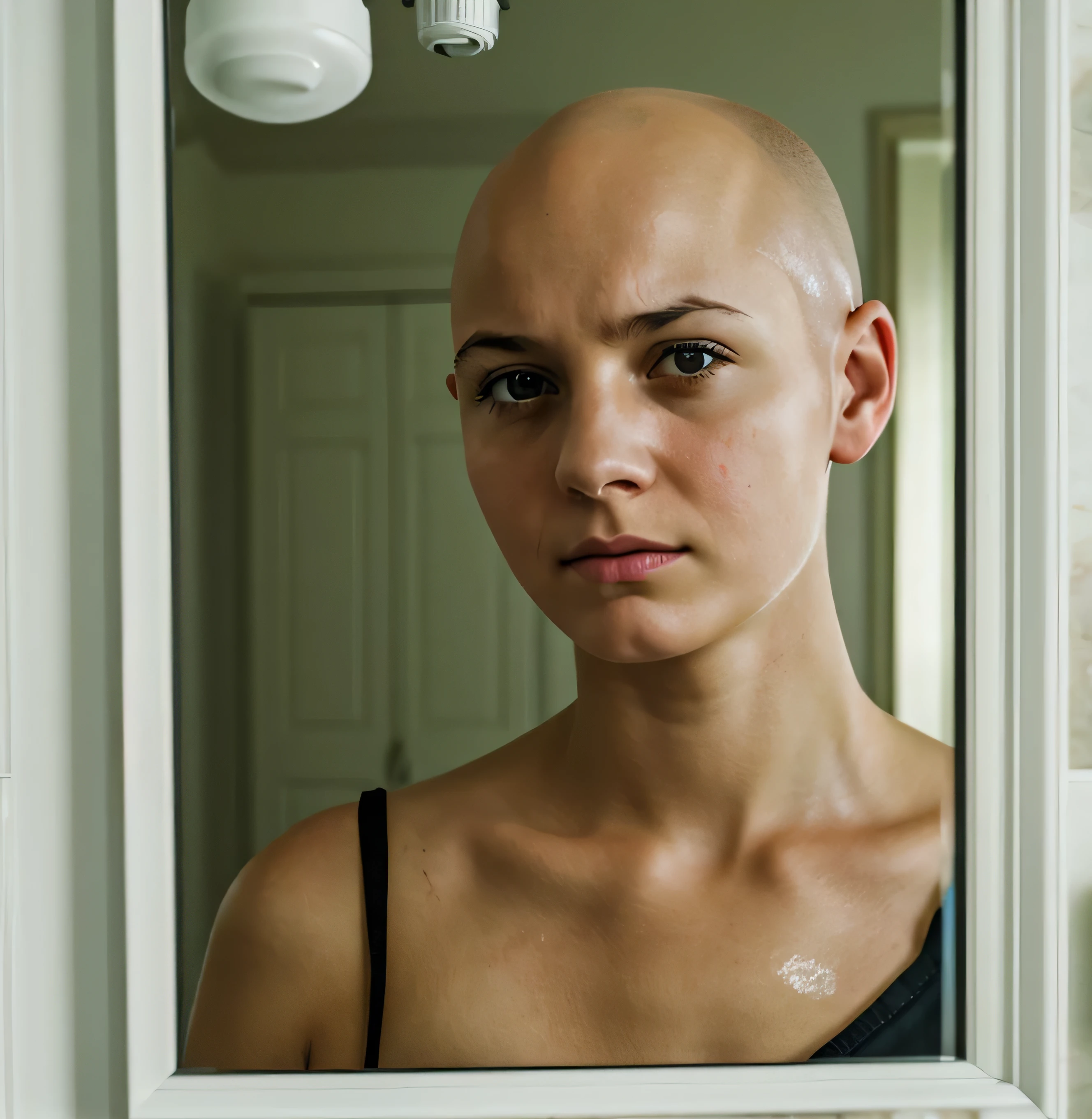 Full body shot of a muscular female college girl with large breasts and a large butt, a dark buzz cut, pale skin, freckles and blue eyes and no makeup showering in a locker room shower