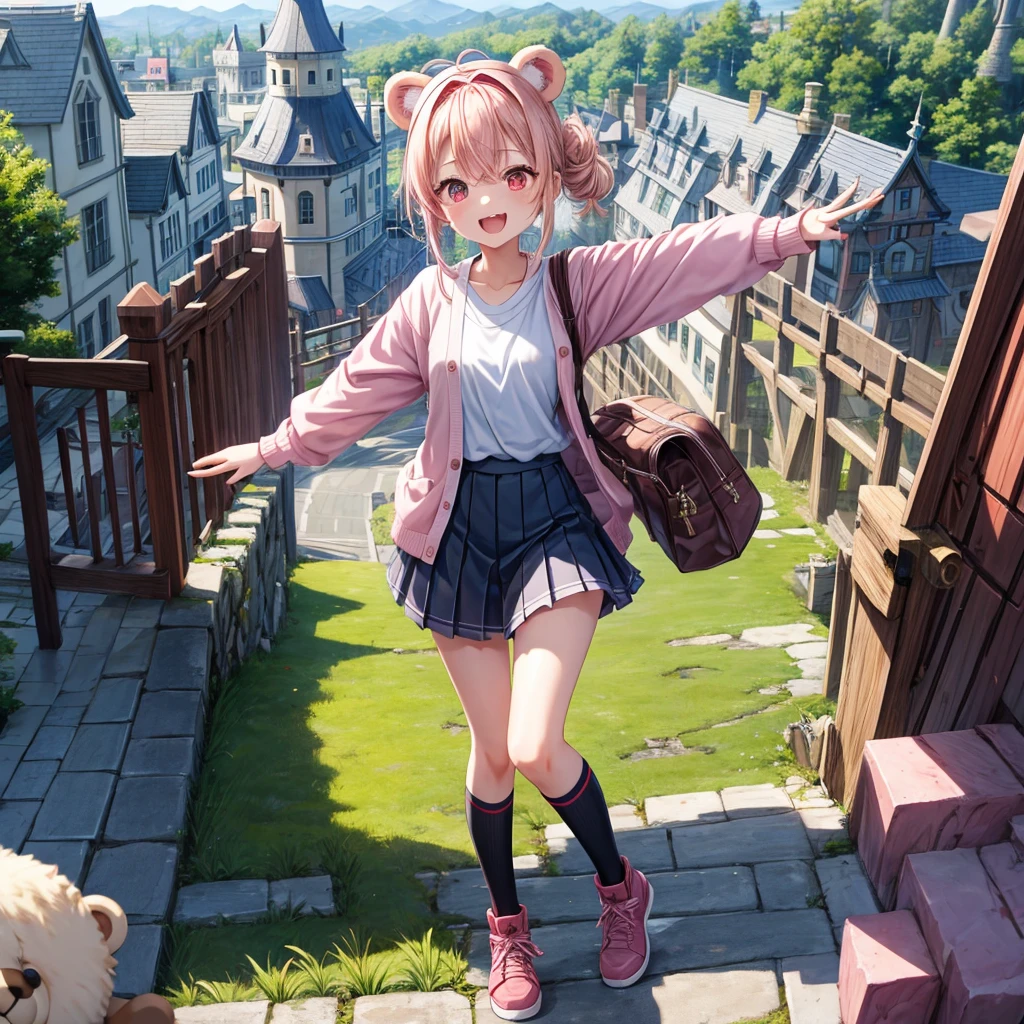 Pink Blonde、Red eyes、Hair tied up、Two cute、Checked mini skirt、black t-shirts、cardigan、Knee-high socks、bear ears baseball cap、Teeth are visible、Monster Castle、Tilting face、crossing the bridge、hazakura、windmill、grass、Stones are growing out of the ground.、impregnable、A teddy bear is walking、Morning glory is blooming.、In front of the city gates、gear