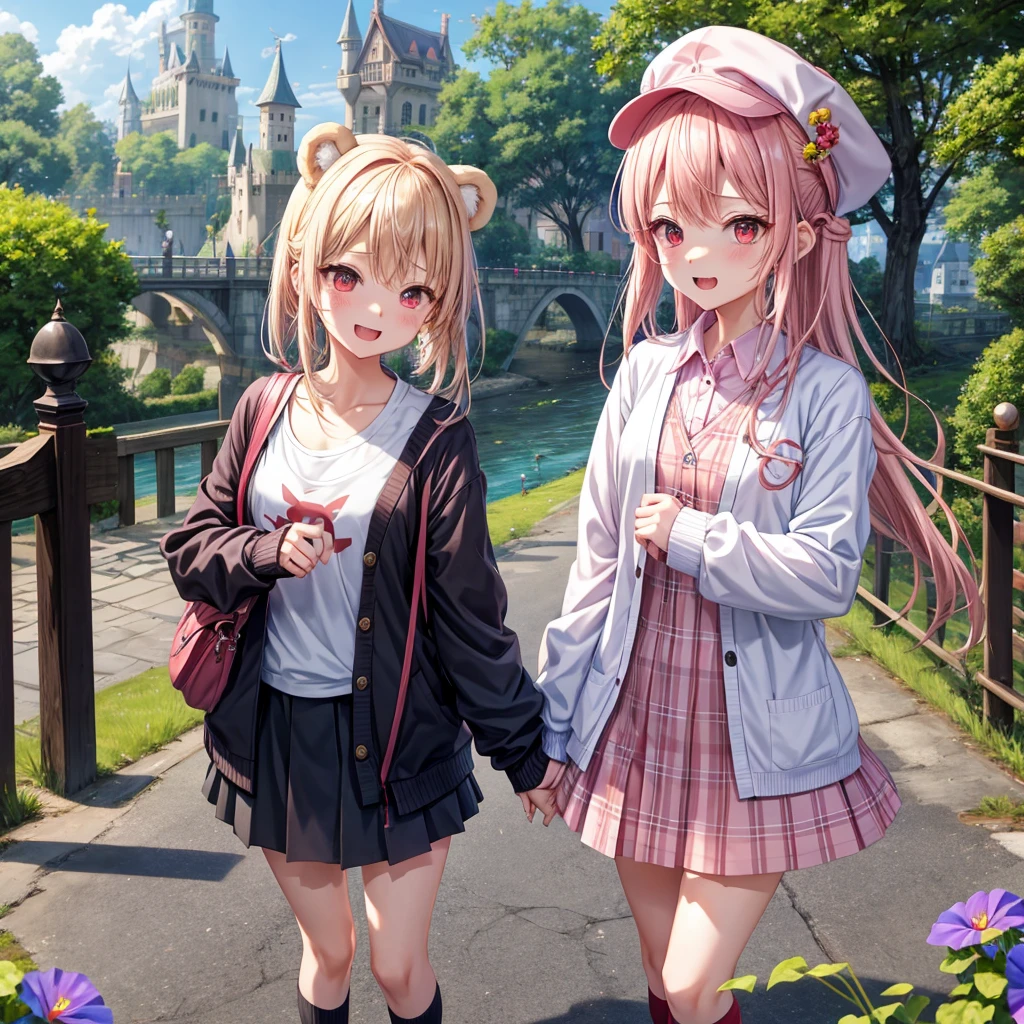 Pink Blonde、Red eyes、Hair tied up、Two cute、Checked mini skirt、black t-shirts、cardigan、Knee-high socks、bear ears baseball cap、Teeth are visible、Monster Castle、Tilting face、crossing the bridge、hazakura、windmill、grass、Stones are growing out of the ground.、impregnable、A teddy bear is walking、Morning glory is blooming.、In front of the city gates、gear