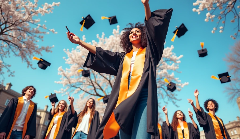 A group of students wearing bachelor&#39;s gowns，Throwing bachelor hats to celebrate