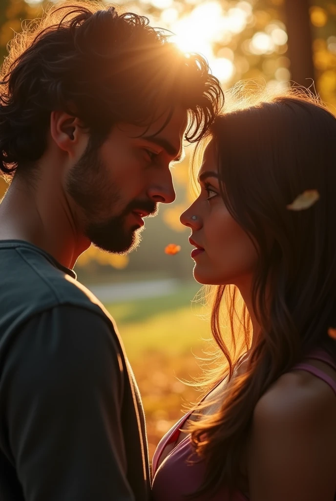 A man with medium long hair standing in front of his girlfriend sad and looking at her