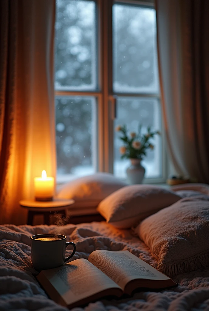 (Warm and cozy bedroom during snowfall at night