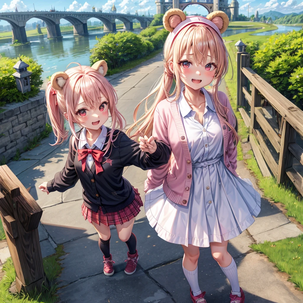 Pink Blonde、Red eyes、Hair tied up、Two cute、Checked mini skirt、black t-shirts、cardigan、Knee-high socks、bear ears baseball cap、Teeth are visible、Monster Castle、Tilting face、crossing the bridge、hazakura、windmill、grass、Stones are growing out of the ground.、impregnable、A teddy bear is walking、Morning glory is blooming.、In front of the city gates、gear
