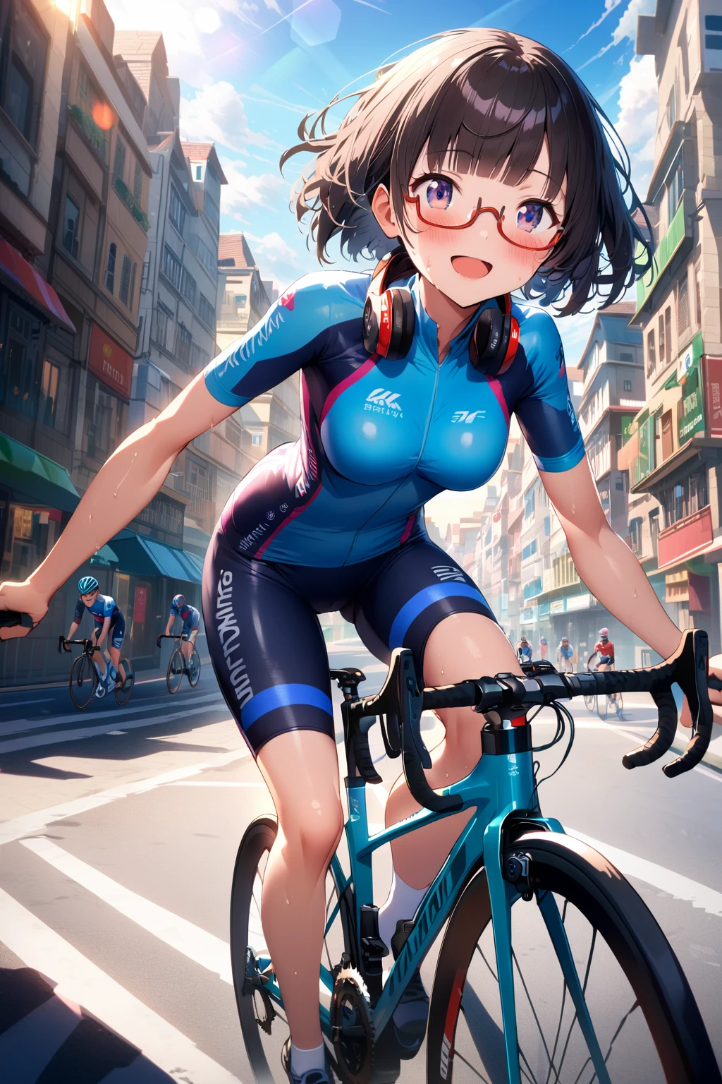 (extremely detailed fine touch:1.3), (((semi-rimless eyewear:1.3))), (wear headphones around neck:0.9), girl, solo, side shot, extremely detailed 2.5D face, open mouth smile, blush, short hair, blunt bangs, black hair, medium breasts, sweat, Cycling, Cycling helmet, Cycling Shorts, Cycling shirt, shoes, extremely detailed city, sunshine, lens flare,