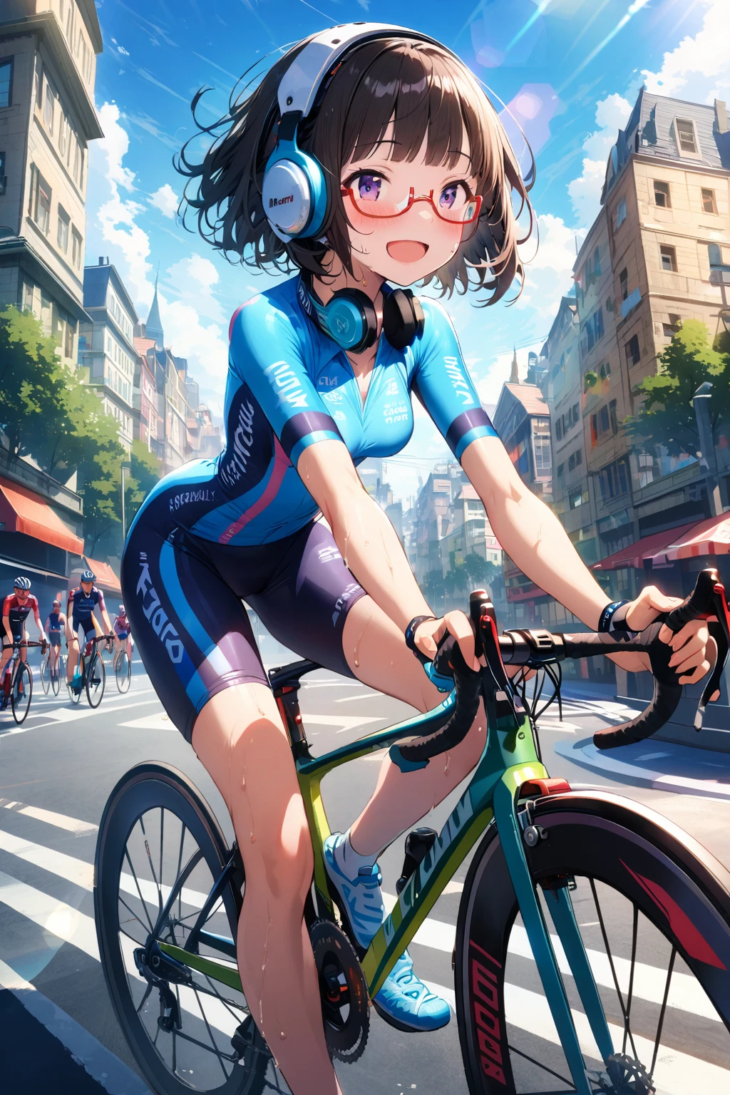 (extremely detailed fine touch:1.3), (((semi-rimless eyewear:1.3))), (wear headphones around neck:0.9), girl, solo, side shot, extremely detailed 2.5D face, open mouth smile, blush, short hair, blunt bangs, black hair, medium breasts, sweat, Cycling, Cycling helmet, Cycling Shorts, Cycling shirt, shoes, extremely detailed city, sunshine, lens flare,