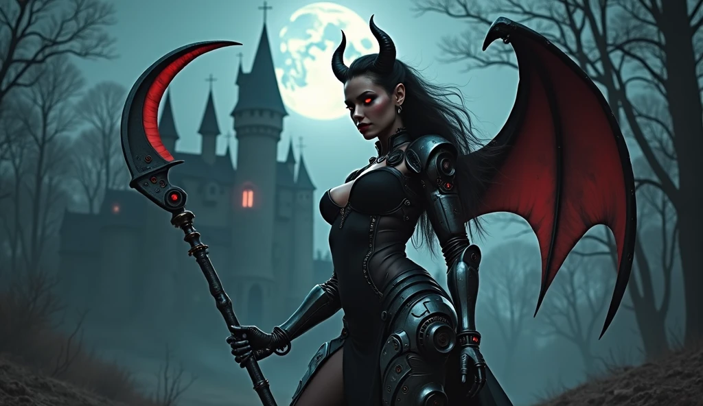 機械のdevilの女性、Detailed robot arm、Intricate robot legs、Exquisite mechanical body、detailed gear、Fangs like wolves、Bull-like horns、Large bat-like wings、devil'tail、beautiful glowing red eyes、black sheer dress、Beautifully detailed face、Ideal body type、Big Breasts、Tight waist, Giant scythe in hand, In the background is a Gothic castle surrounded by a moonlit forest..、Cowboy Shot、
