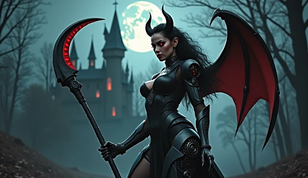 機械のdevilの女性、Detailed robot arm、Intricate robot legs、Exquisite mechanical body、detailed gear、Fangs like wolves、Bull-like horns、Large bat-like wings、devil&#39;tail、beautiful glowing red eyes、black sheer dress、Beautifully detailed face、Ideal body type、Big Breasts、Tight waist, Giant scythe in hand, In the background is a Gothic castle surrounded by a moonlit forest..、Cowboy Shot、