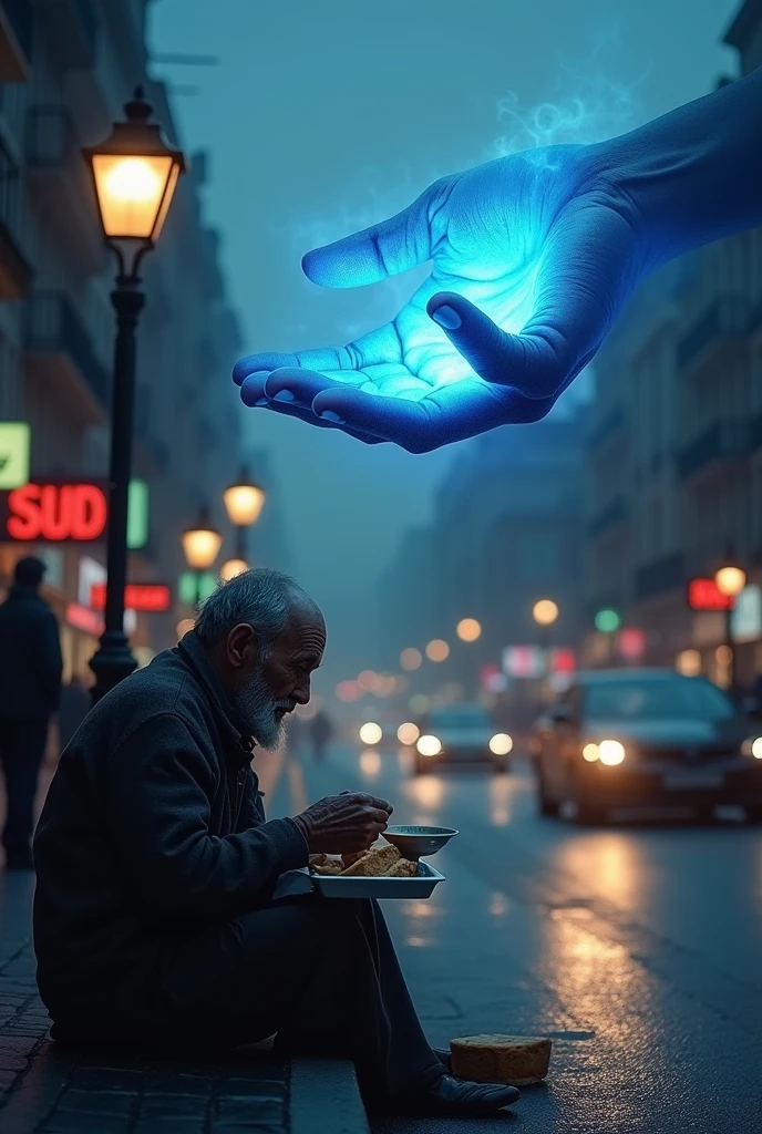 A begger who is eating food and a blue hand blessing him from sky 