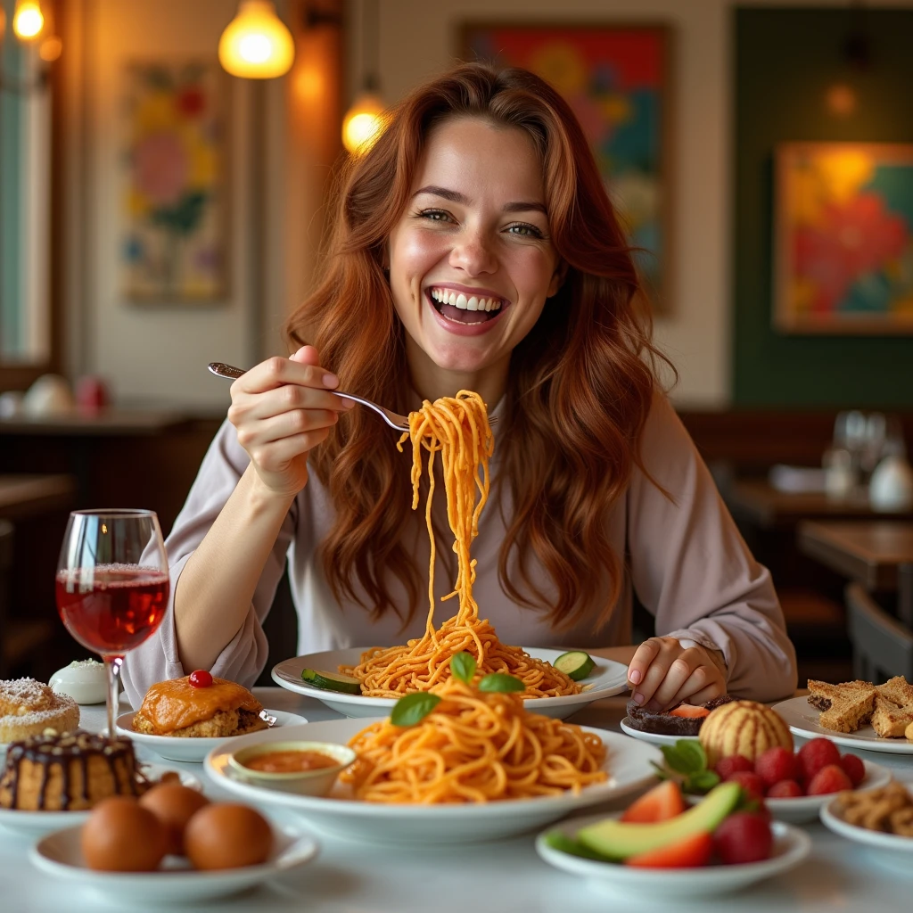 Draw a picture of a happy woman eating a lot. hyper realistic