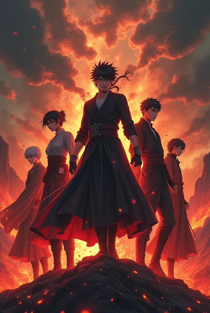 crossover anime characters jujutsu kaisen with fire, tokyo ghoul (monster), demon slayer, gintama. Landscape epic background. Portrait 9:16