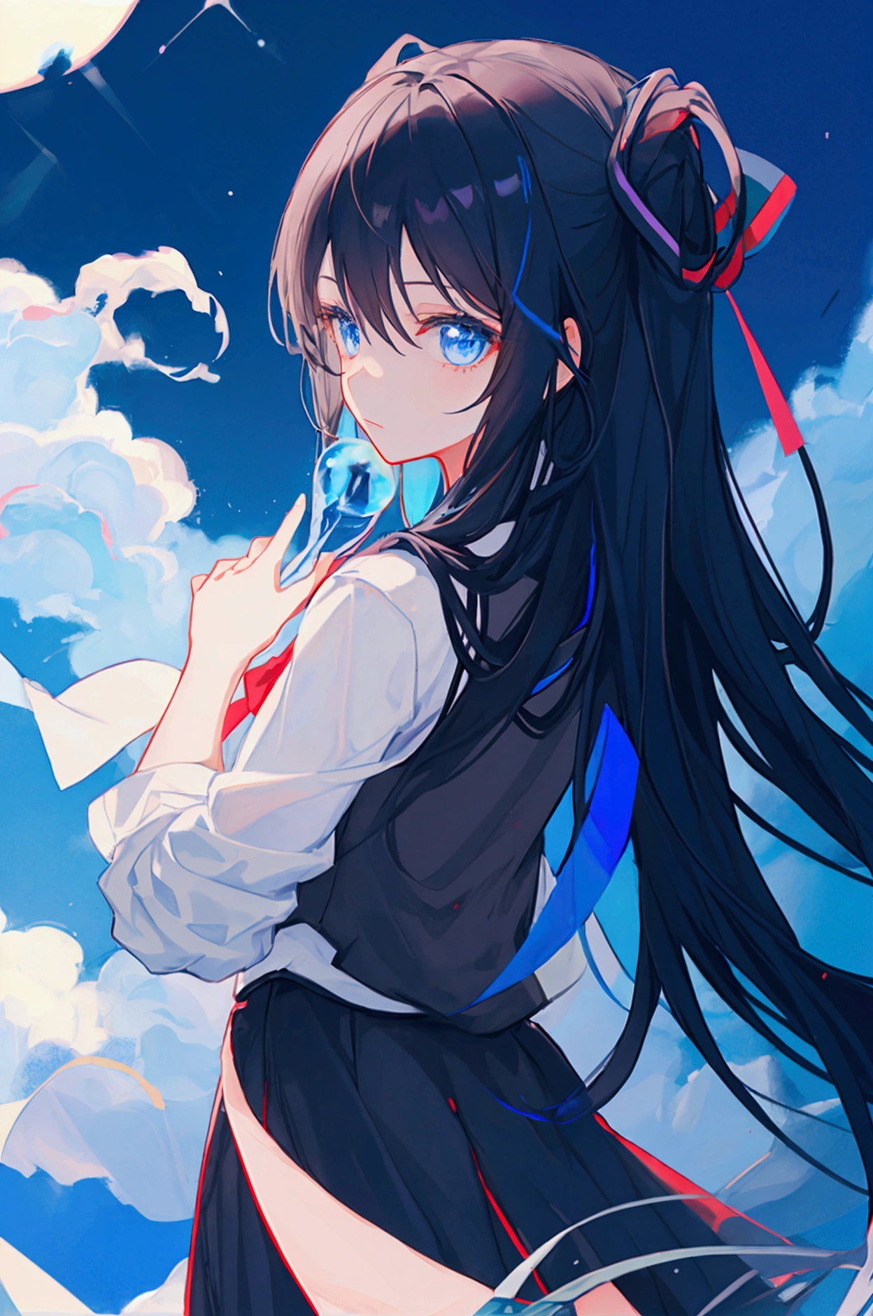 1 girl front view, black long hair, blue eyes, holding shining globe with two hands, school uniform dark background