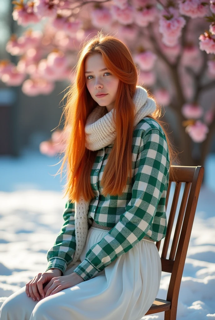 Portrait of a 17 year old Russian girl with long, straight red hair, Cerly is wearing a brown floral patterned shirt and a long white skirt while sitting on a chair near the garden in the yard,and lots of snow and surrounded by beautiful cherry blossom trees facing the camera , the afternoon sunlight shone on her hair
