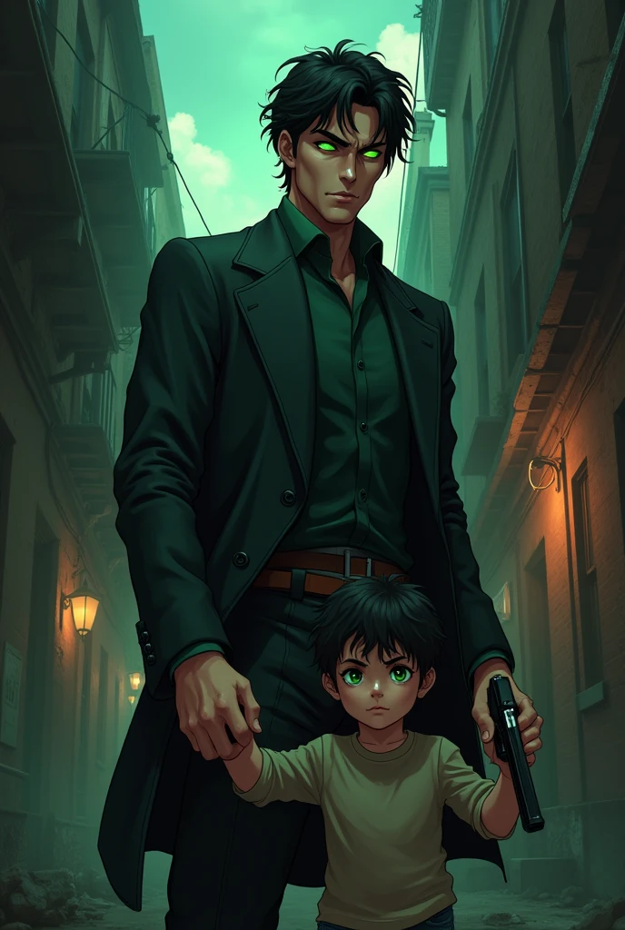 A mobster man in his 30s Italian alpha dominant green eyes black hair psycho handsome obsessed with his omega son holding a gun with bodies around him holding hands with his  son adorable green eyes little black wavy hair. anime style 