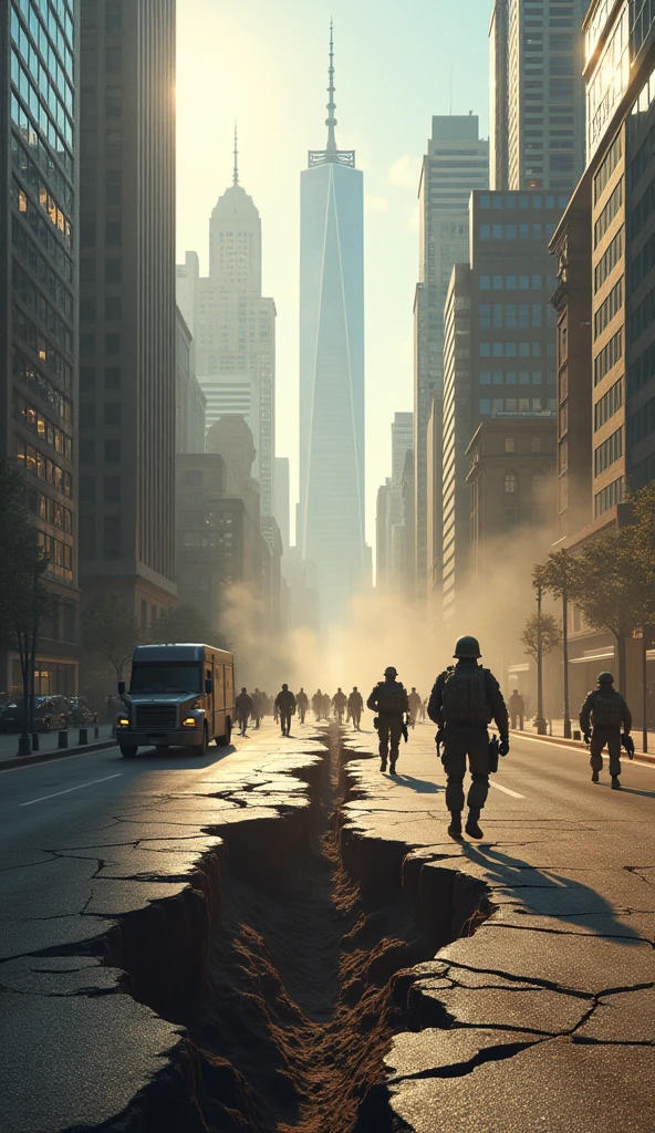 Image In the city in the morning in the middle of the road tall buildings . 
The scene shook There was a deep crack under the road. .underground space rift There are military forces stopping the giant spider swarm close up panic army and spider swarm are fighting each other 