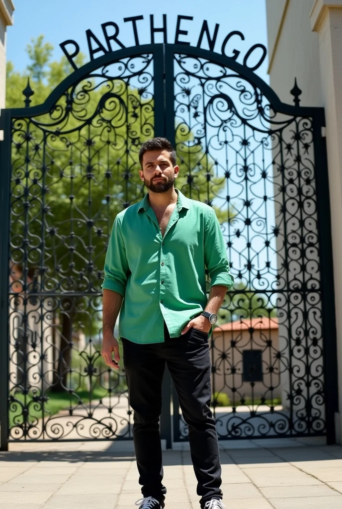 please make me a picture showing a 28-year-old Salty man standing in front of a decorative metal gate with the word "PARTHENGO" on it. The person was wearing a green shirt, black pants, and black and white sneakers, with an outdoor background around which there was a green tree with a clear sky full hd ultra 8k photo quality.