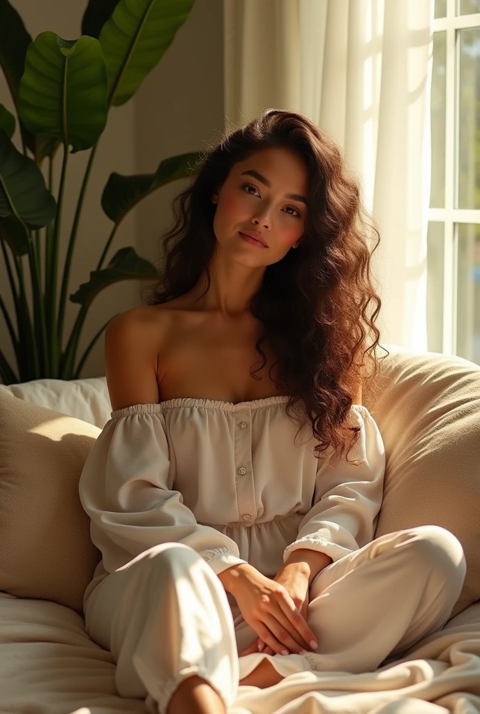 (photorealism:1.2), beautiful woman, sitting on bed, wearing loose off-shoulder top, pajama pants, long curly hair, indoors, soft lighting, plants in background, window with sunlight, cozy room, relaxed pose, realistic, intricate details, warm colors, by Greg Rutkowski, by Alphonse Mucha