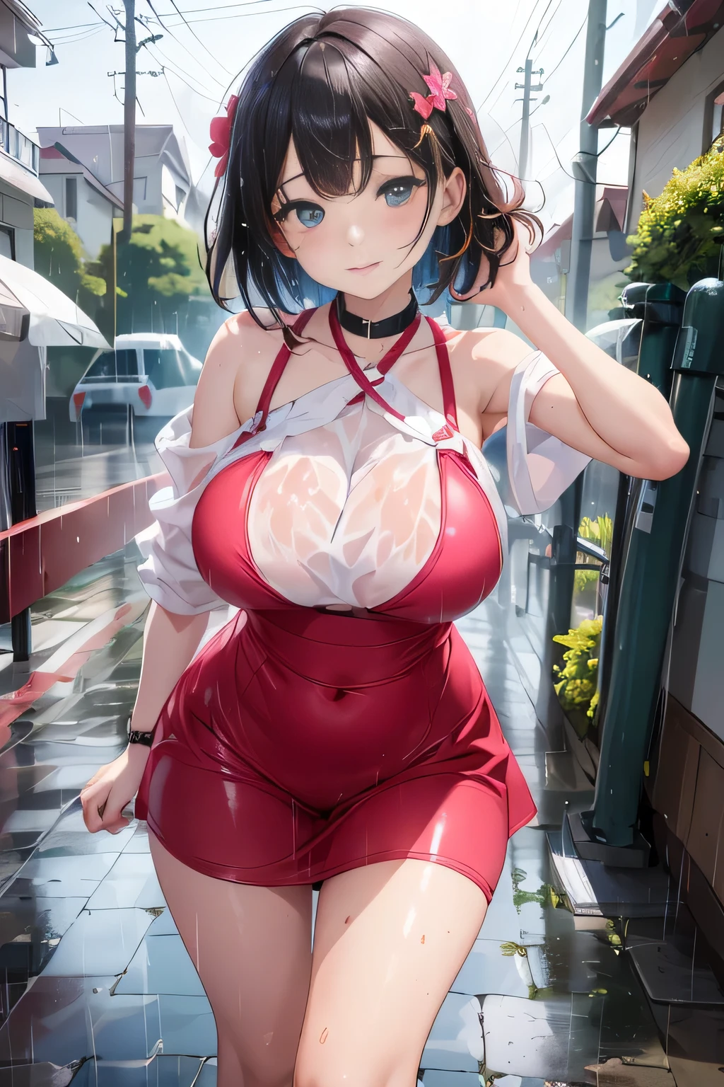 (Menhera Woman:1.3),(Hiding behind a utility pole, staring at the viewer:1.3),(Staring at the viewer while soaked in the rain:1.3),big breast slip,Big Tits,Wet Face,Wet Skin,Wet body,Wet costume,Wet Hair,(Leaning forward:1.3),Red Mouth,clavicle,Wet cute face、Digital Illustration, (Tabletop,Highest quality,Ultra-high resolution output images,) (8K quality),(Picture Mode Ultra HD),