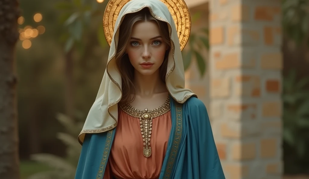 ４Beautiful Virgin Mary looking at the human camera、Moist eyes, （whole body：1.2）, Wearing a reddish-beige tunic with a blue cloak and veil , The body is slim, Beautiful feet, whole body, Daytime, Halo