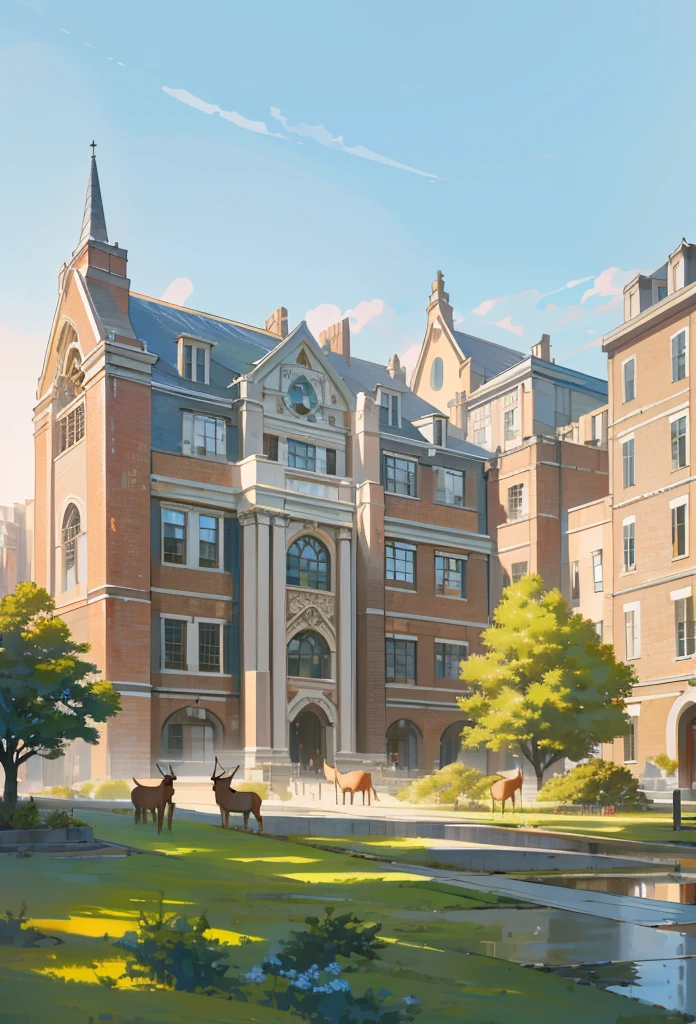 (masterpiece, best quality), Modern design , photography, Nostalgia, Ultra Detailed, morning, Stunning scenery, Urban,Harvard ,deer, . Nostalgia之情  ,University campus ,Suitable resolution
