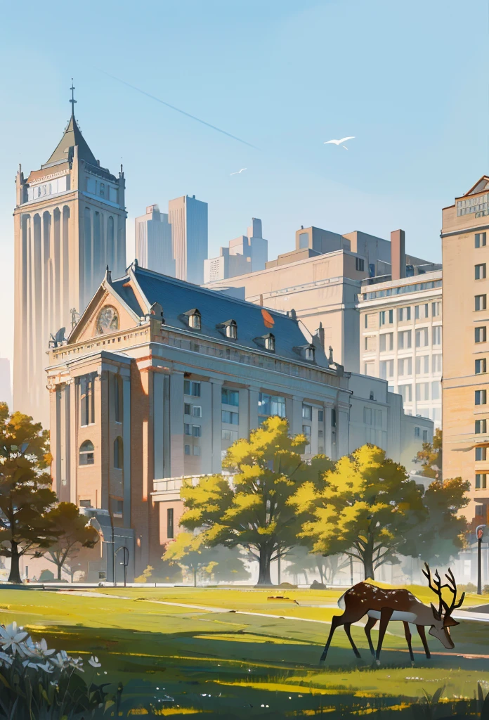 (masterpiece, best quality), Modern design , photography, Nostalgia, Ultra Detailed, morning, Stunning scenery, Urban,Harvard ,deer, . Nostalgia之情 ,University campus ,Suitable resolution