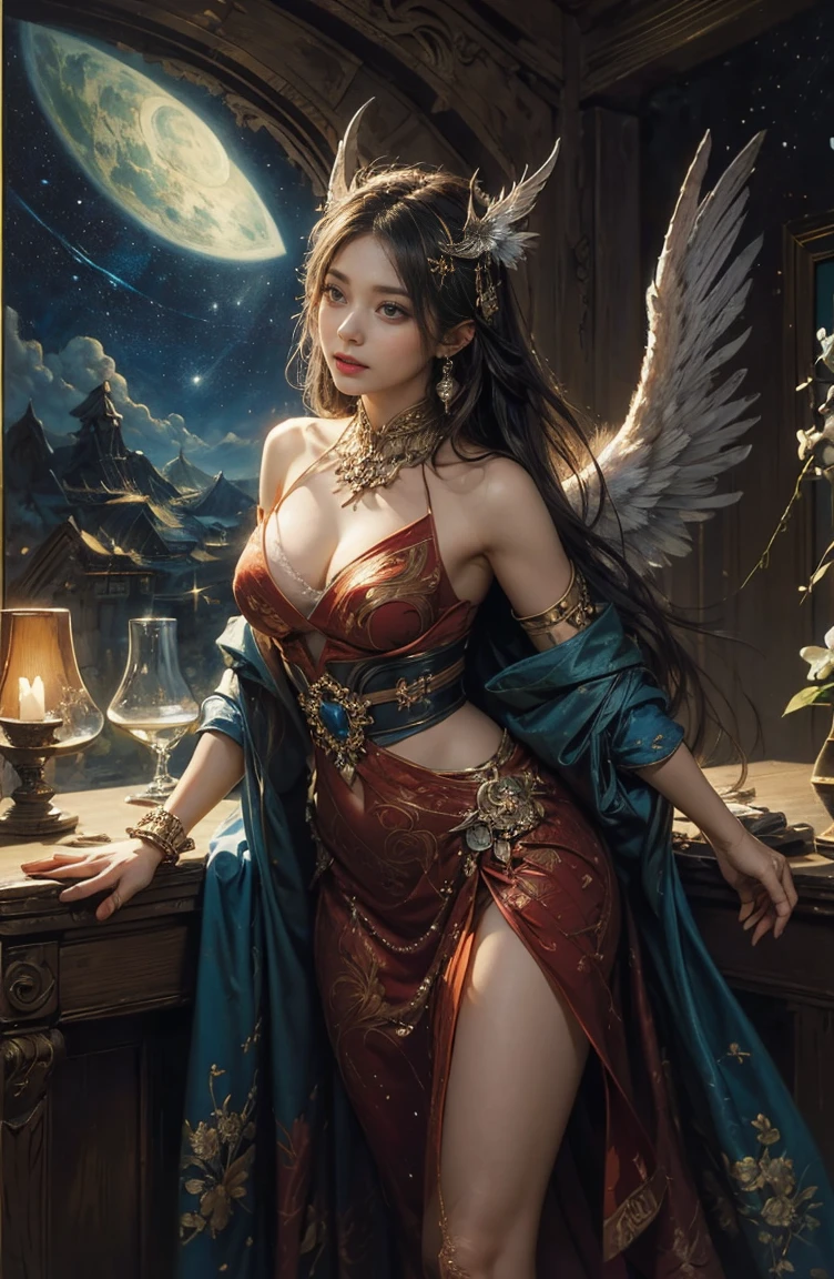 (Tabletop, Highest qualityの, (((((woman)))))、Highest quality, Official Art, (beautifully、beautiful:1.4), (Oil painting:1.4) ),（（male））  (lucifer), God of Japanese God Stories々々, fleeting beauty, A mysterious god illuminated by the starry sky, Winged Angel、god&#39;Grace, Calm and thoughtful expression, Flowing Heavenly Robe, Dazzling silver stars light up the night view, Dance of shadows and lights, Whispers of Ancient Legends、Very slender、