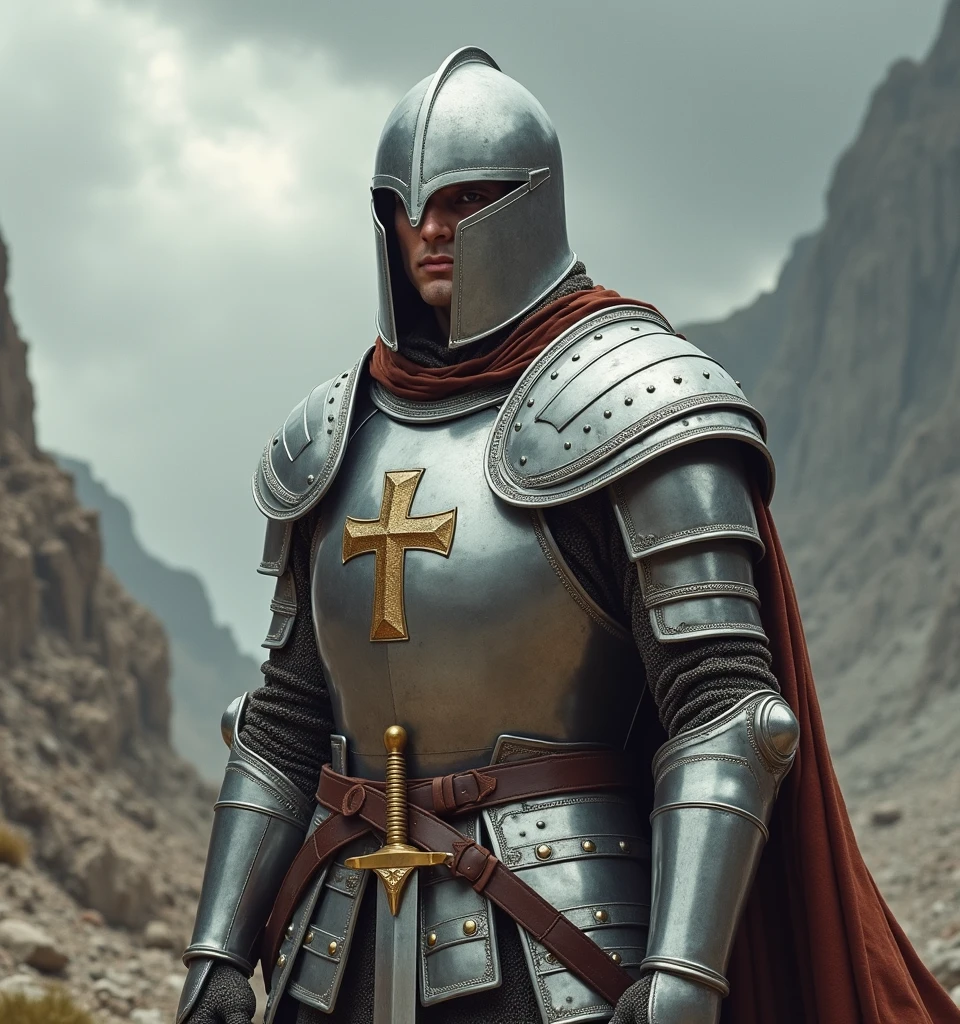A white man in his 30s, wearing RPG game warrior-style clothing and a helmet that covers his entire face. The helmet is silver, The helmet is circular in shape and has a thick cross-shaped band on the front of the face centered around the eyes. Only the eyes have eye-shaped holes so they can see. The brown collar is thick and high around the neck. Silver armor covers the chest area, but the abdominal muscles are exposed. The shoulders are also armor-style with bare skin exposed, and the shoulders are without any protective gear, showing large muscles. There are silver round buttons on both sides of the shoulder bones, and they are fastened to these buttons, so that the cloak is connected behind the shoulders. There is a large, subtle gold decoration in the center of the chest armor. It is a simple and heavy decoration in the medieval style. On his hands, he wears very large, sturdy-looking armored armor. A solemn pose with a sword on his shoulder,