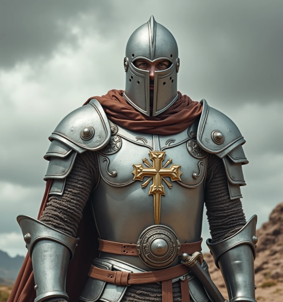 A white man in his 30s, wearing RPG game warrior-style clothing and a helmet that covers his entire face. The helmet is silver, The helmet is circular in shape and has a thick cross-shaped band on the front of the face centered around the eyes. Only the eyes have eye-shaped holes so they can see. The brown collar is thick and high around the neck. Silver armor covers the chest area, but the abdominal muscles are exposed. The shoulders are also armor-style with bare skin exposed, and the shoulders are without any protective gear, showing large muscles. There are silver round buttons on both sides of the shoulder bones, and they are fastened to these buttons, so that the cloak is connected behind the shoulders. There is a large, subtle gold decoration in the center of the chest armor. It is a simple and heavy decoration in the medieval style. On his hands, he wears very large, sturdy-looking armored armor. A solemn pose with a sword on his shoulder,