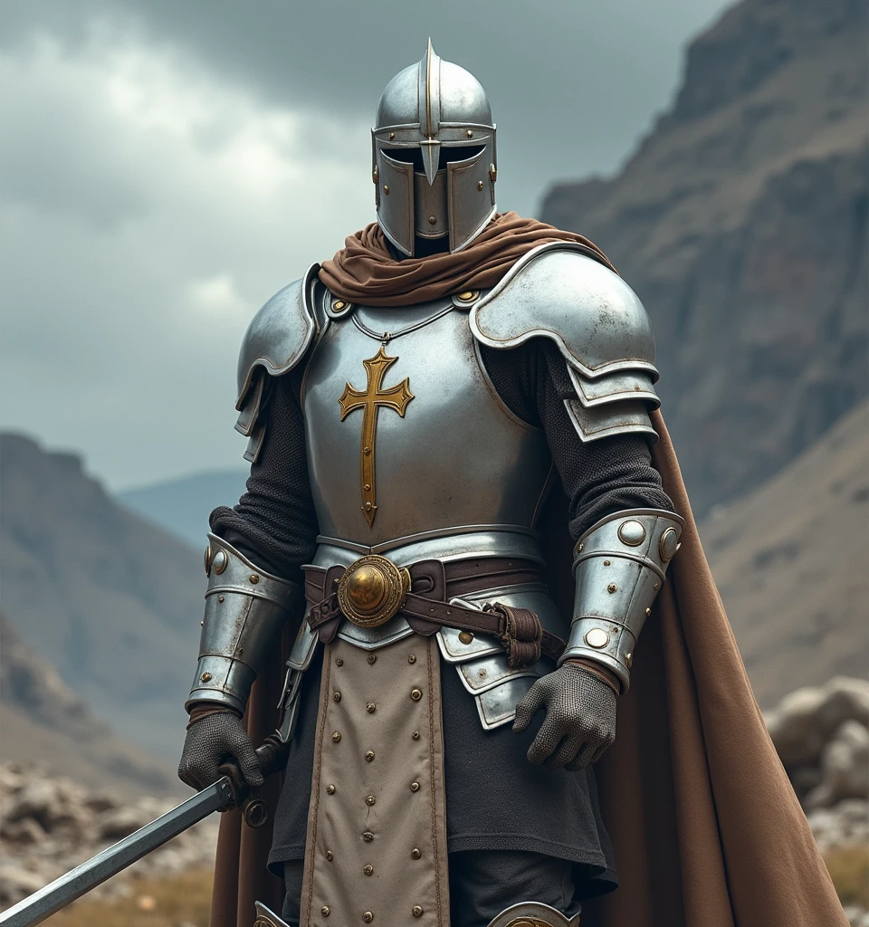 A white man in his 30s, wearing RPG game warrior-style clothing and a helmet that covers his entire face. The helmet is silver, The helmet is circular in shape and has a thick cross-shaped band on the front of the face centered around the eyes. Only the eyes have eye-shaped holes so they can see. The brown collar is thick and high around the neck. Silver armor covers the chest area, but the abdominal muscles are exposed. The shoulders are also armor-style with bare skin exposed, and the shoulders are without any protective gear, showing large muscles. There are silver round buttons on both sides of the shoulder bones, and they are fastened to these buttons, so that the cloak is connected behind the shoulders. There is a large, subtle gold decoration in the center of the chest armor. It is a simple and heavy decoration in the medieval style. On his hands, he wears very large, sturdy-looking armored armor. A solemn pose with a sword on his shoulder,