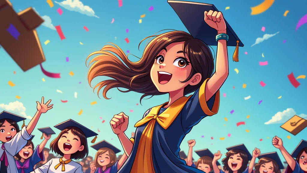 Cartoon Style，A group of students wearing bachelor&#39;s gowns，Throwing bachelor hats to celebrate