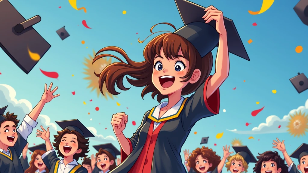Cartoon Style，A group of students wearing bachelor&#39;s gowns，Throwing bachelor hats to celebrate