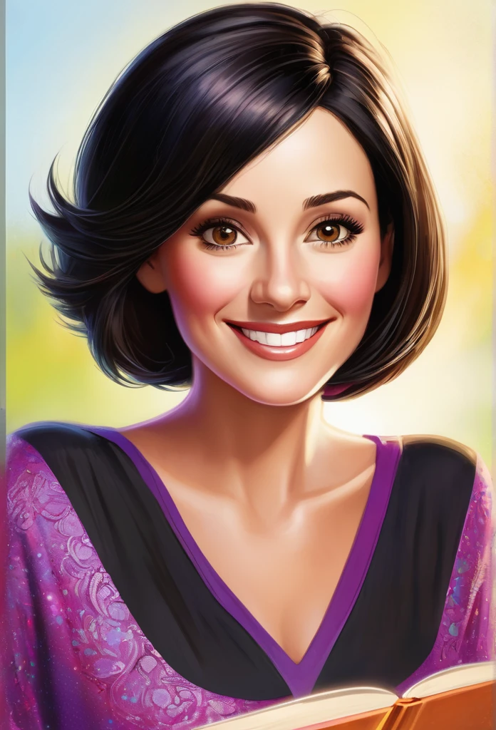 (bright and vibrant colors), (highres), (realistic:1.37), Disney Pixar Movie poster, (art by Kevin James), skinny, no muscle, (41 years old woman),round brown eyes, (beautiful detailed eyes:1.1),(((very short black hair))), (beautiful detailed lips:1.1), smiling with a warm expression, (charming appearance:1.1), (professional lighting), (ultra-fine rendering), upper body shot, (expressive facial features:1.1), reading a book , (reading intently:1.1), transparent background